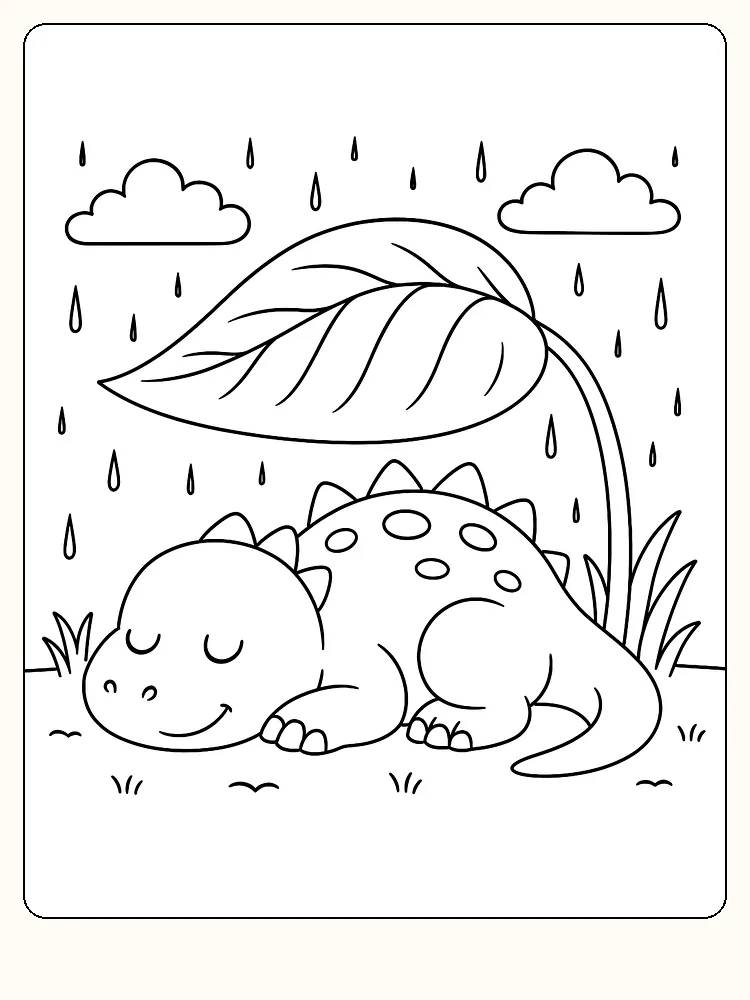 Fargeleggingstegning av en dinosaur som sover under et stort blad i regnet, klar for utskrift