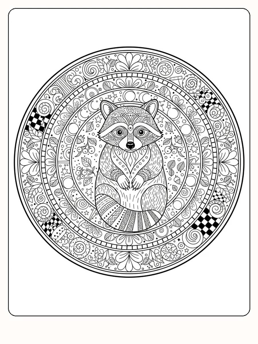 Detaljert vaskebjørn i mandala stil klar for fargelegging