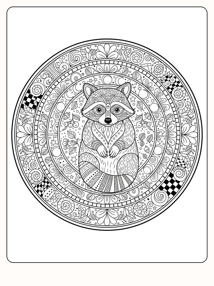 Detaljert vaskebjørn i mandala stil klar for fargelegging