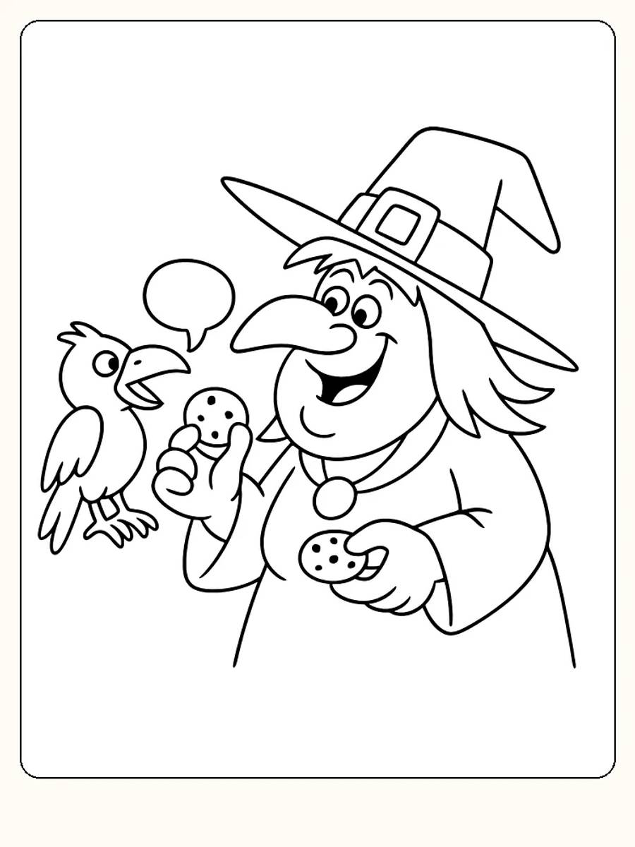 Ausmalbild einer lächelnden Hexe mit Hut und Vogel, bereit zum Ausdrucken.