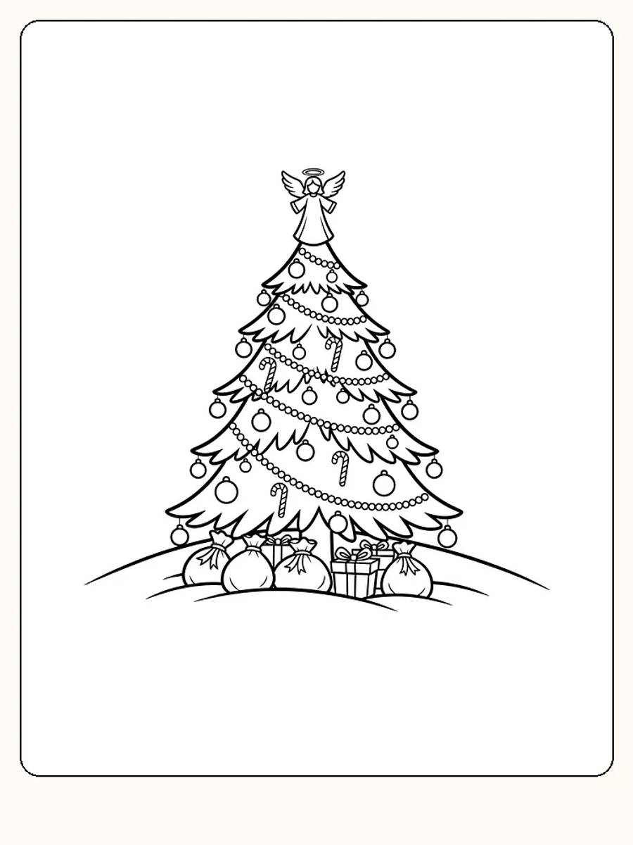 Tegning af et juletræ med engel i toppen og gaver under, klar til print