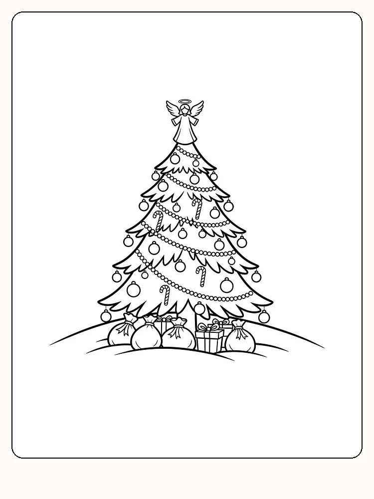 Tegning af et juletræ med engel i toppen og gaver under, klar til print