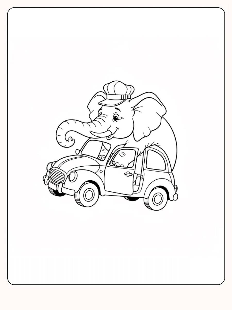 Fargeleggingstegning av en elefant i bil med hatt, klar til å kjøres