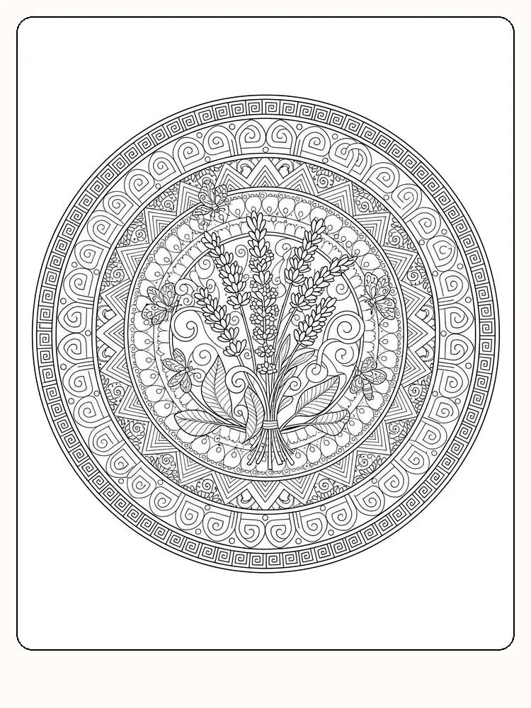 Ausmalmotiv mit filigranen Blumen und Mustern in Mandalaform zum Ausdrucken