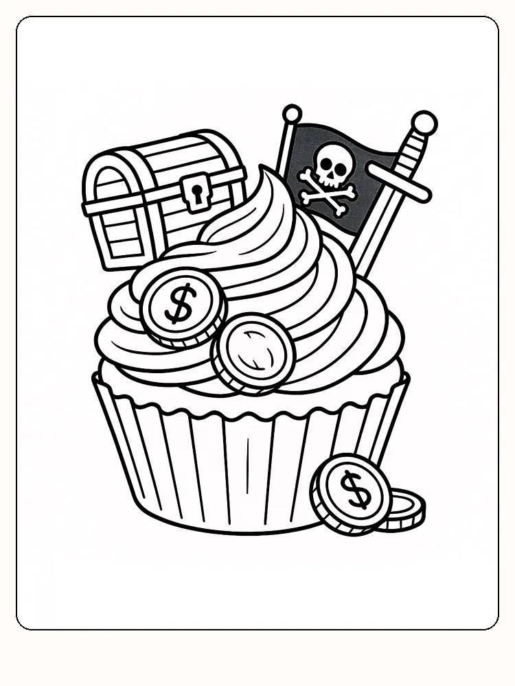Fargeleggingsside av en cupcake med piratflagg, penger og skattekiste, klar for fargelegging