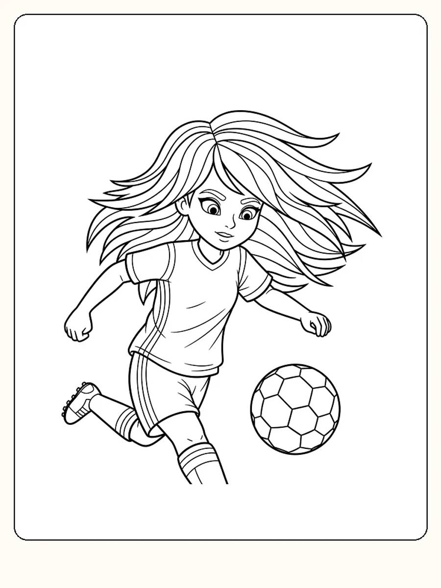 Målarbild av en flicka som spelar fotboll, perfekt för utskrift.