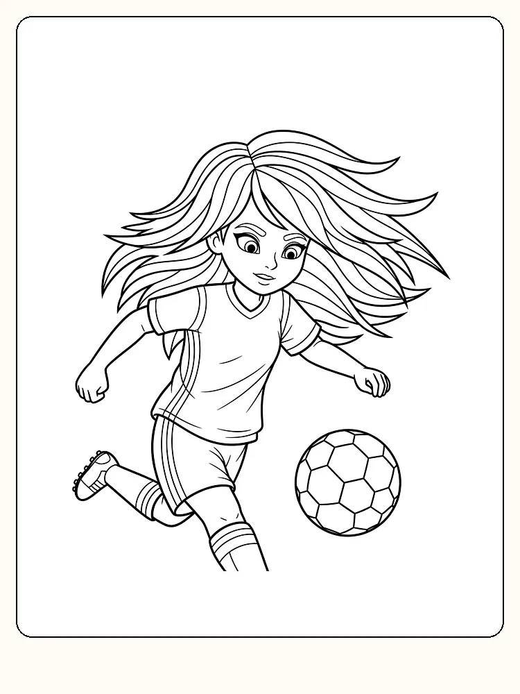 Målarbild av en flicka som spelar fotboll, perfekt för utskrift.