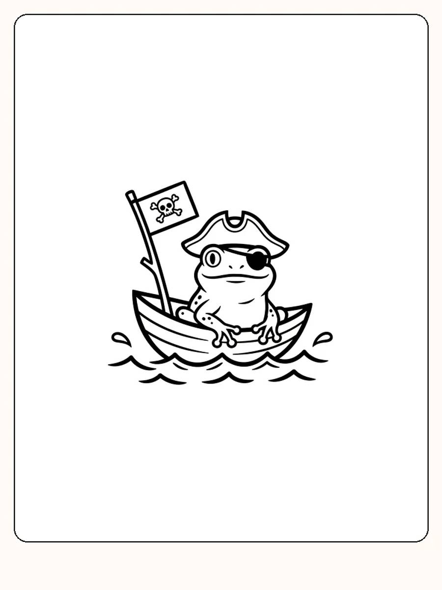 Farvelæg en sjov tegning af en piratfrø med øjenklap i en båd med flag