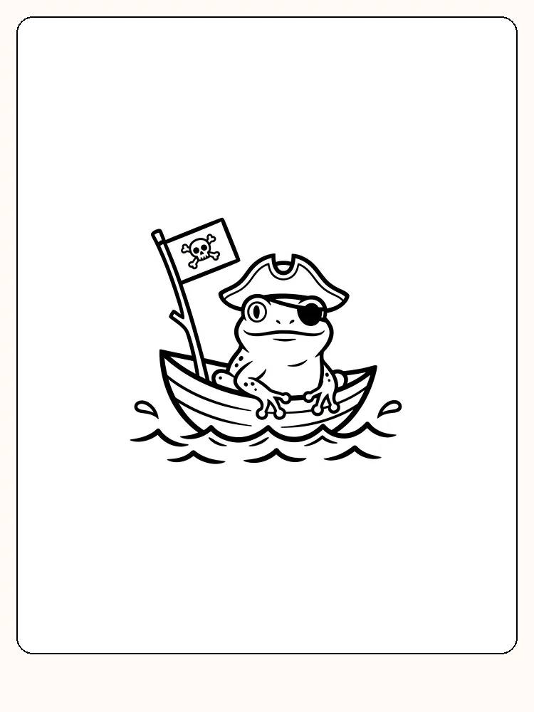 Farvelæg en sjov tegning af en piratfrø med øjenklap i en båd med flag