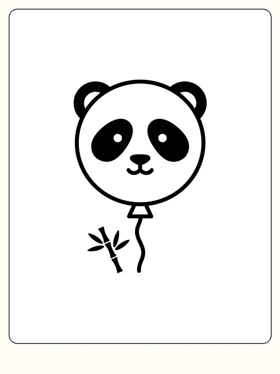 Tegning til farvelægning af pandaformet ballon med bambusgren, klar til print