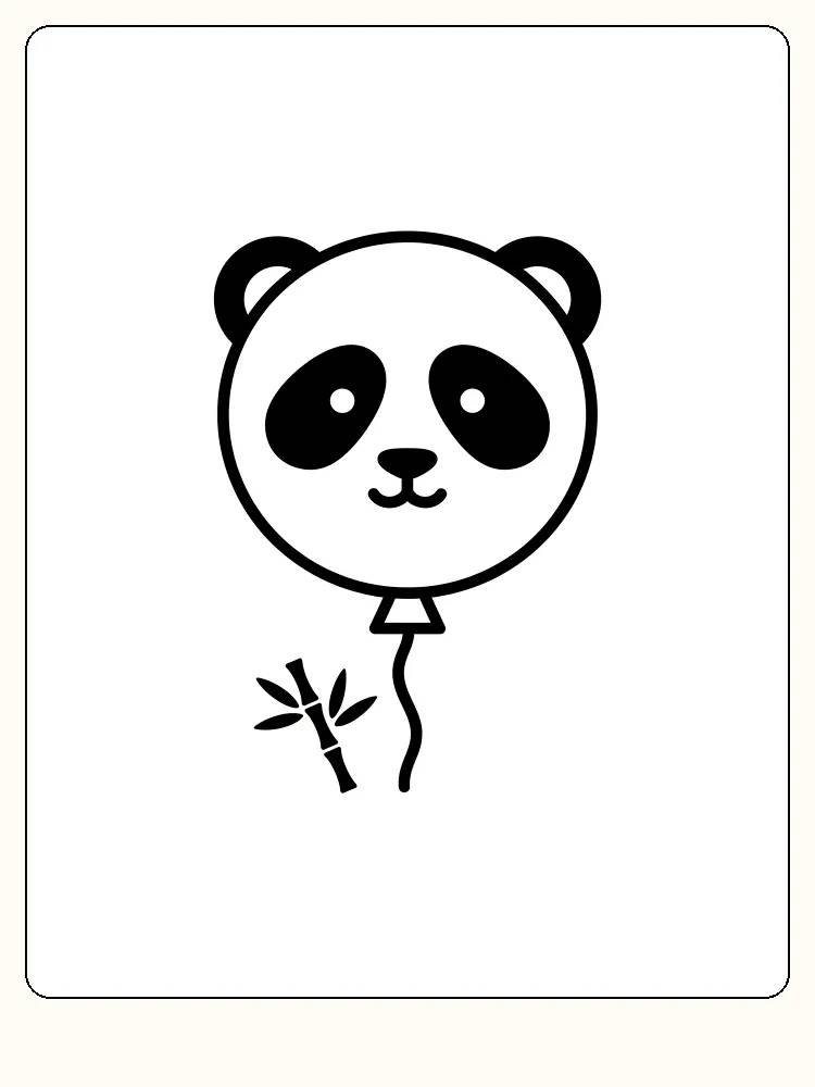 Tegning til farvelægning af pandaformet ballon med bambusgren, klar til print