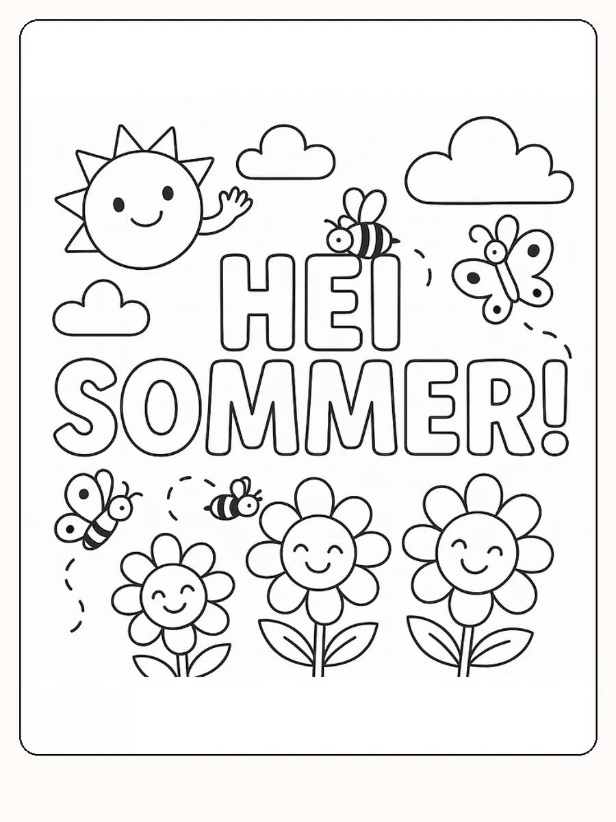 Fargeleggingstegning som sier 'Hei sommer' med sol, blomster og bier, perfekt for utskrift