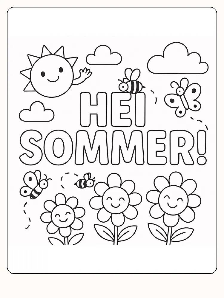 Fargeleggingstegning som sier 'Hei sommer' med sol, blomster og bier, perfekt for utskrift