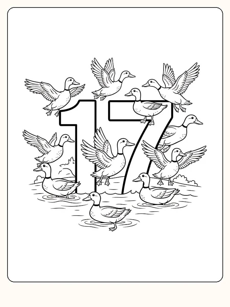Ausmalbild mit mehreren Enten, die um die Zahl 17 fliegen, bereit zum Ausdrucken.