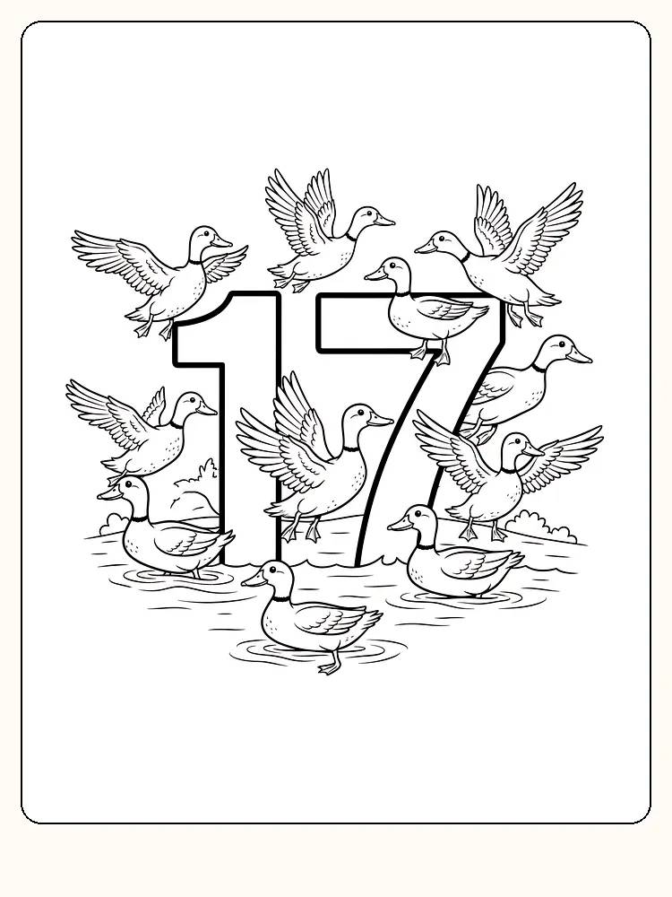 Ausmalbild mit mehreren Enten, die um die Zahl 17 fliegen, bereit zum Ausdrucken.