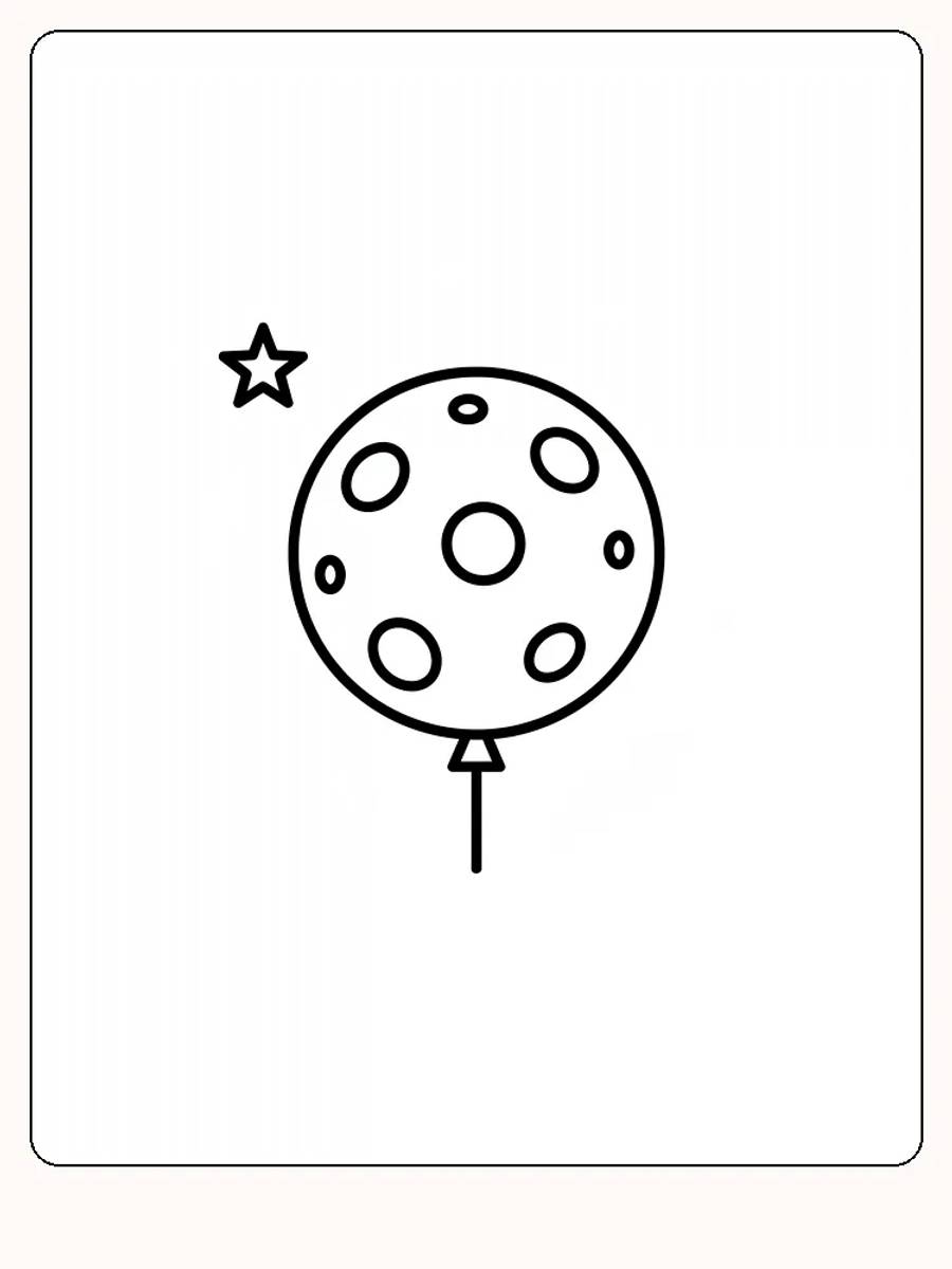 Tegning til farvelægning af en rund luftballon med prikker og en stjerne, klar til download