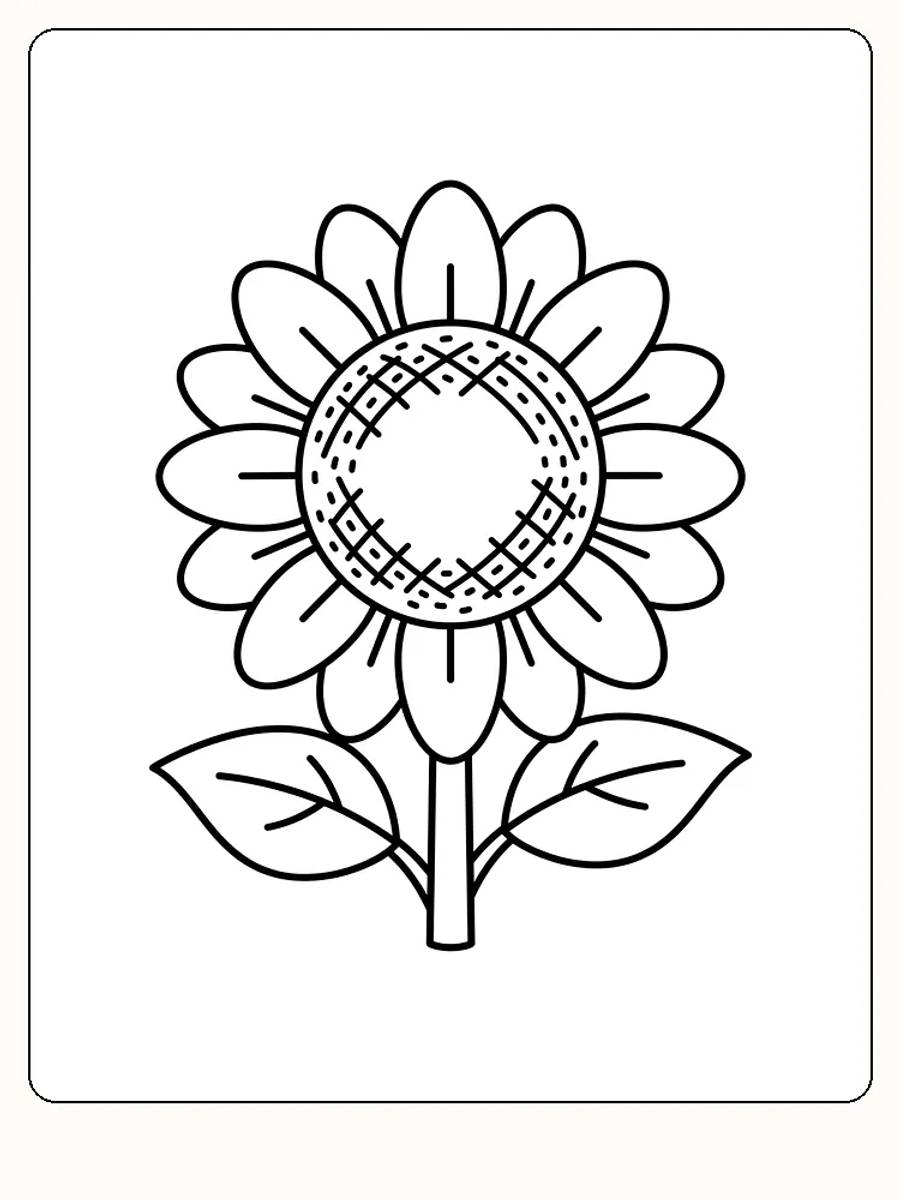 Stor solsikkeblomst sett rett forfra med tom rund midte, to kranser med kronblader, tykk stilk og to spisse blader nederst