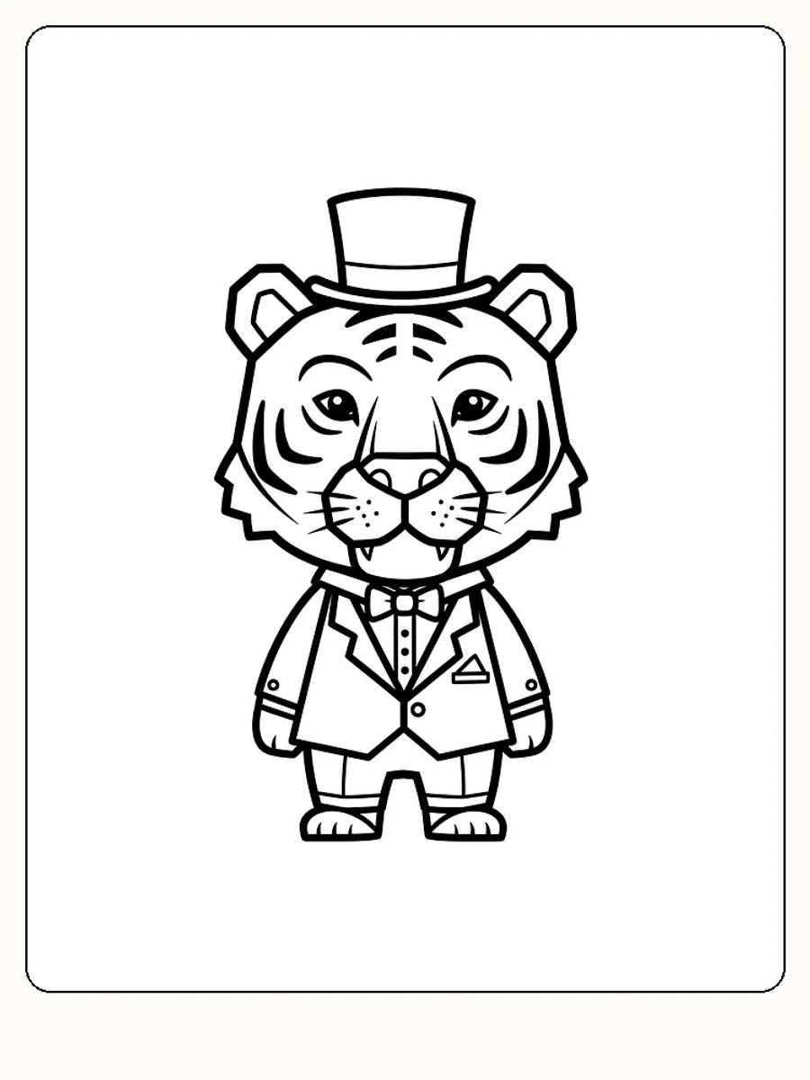 Tegning til farvelægning af en tiger med høj hat og jakkesæt, klar til print