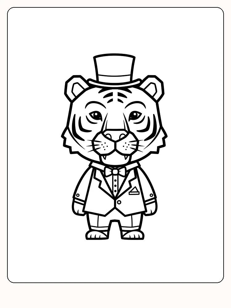 Tegning til farvelægning af en tiger med høj hat og jakkesæt, klar til print