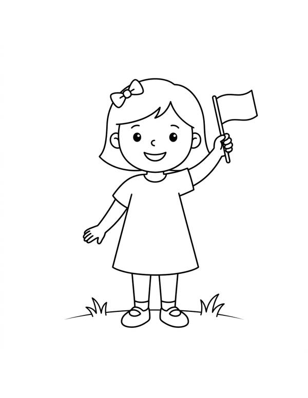 Fille du 17 mai avec un drapeau au bout d'un bâton, un ruban dans les cheveux, une robe à col rond, des chaussettes courtes et des chaussures, avec des touffes d'herbe à côté