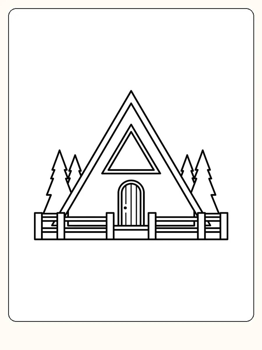 Ausmalbild einer Dreiecks-Hütte mit Bäumen herum, bereit zum Herunterladen und Ausmalen.