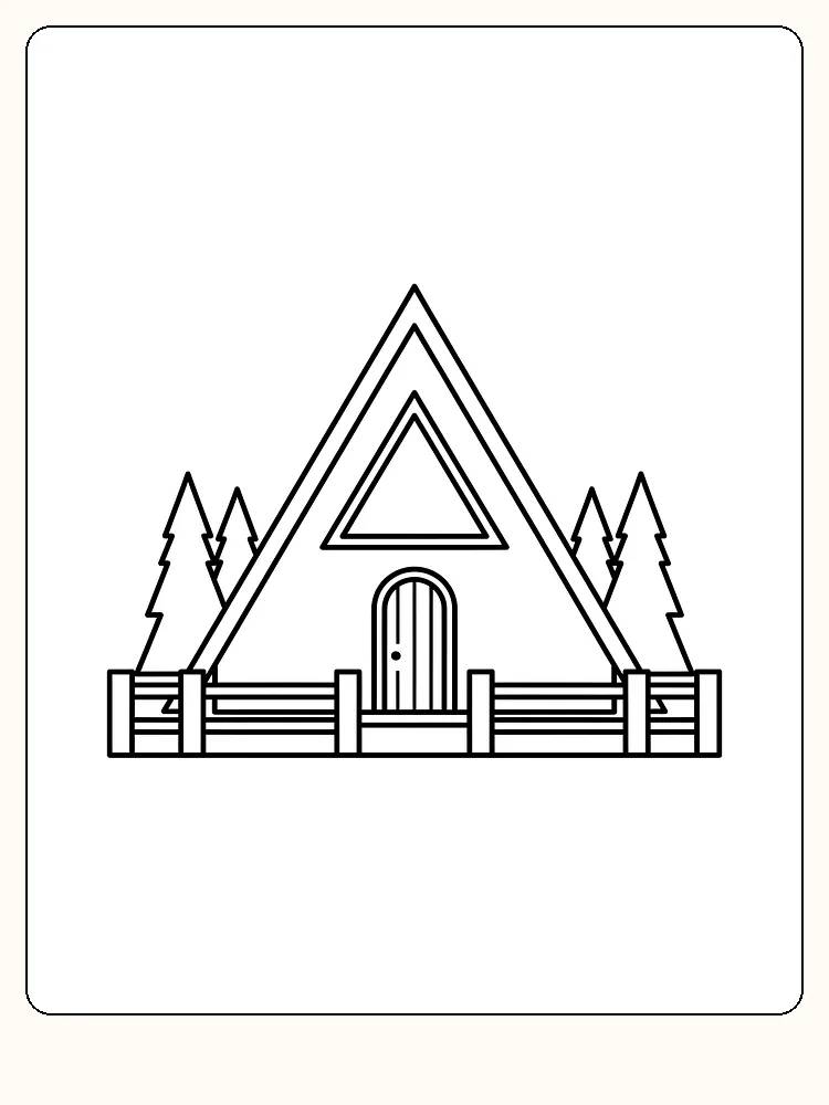 Ausmalbild einer Dreiecks-Hütte mit Bäumen herum, bereit zum Herunterladen und Ausmalen.