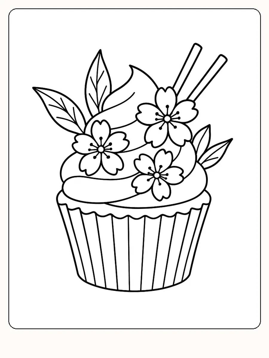 Fargeleggingsbilde av en muffins med blomster og dekorative pinner, klar for kreativ fargelegging
