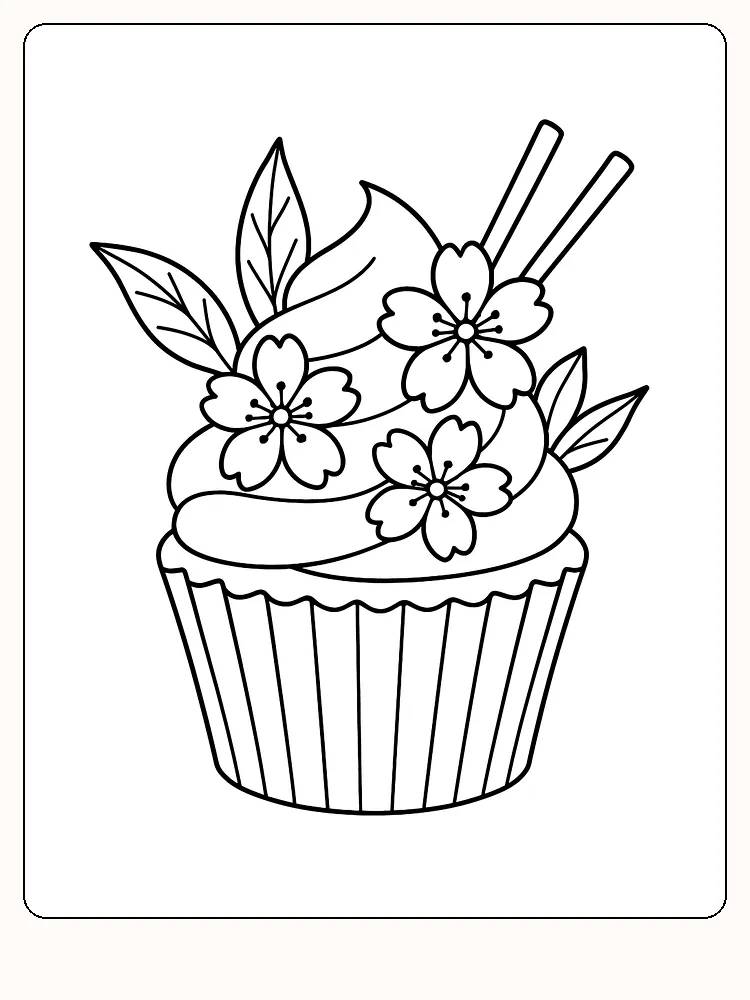 Fargeleggingsbilde av en muffins med blomster og dekorative pinner, klar for kreativ fargelegging