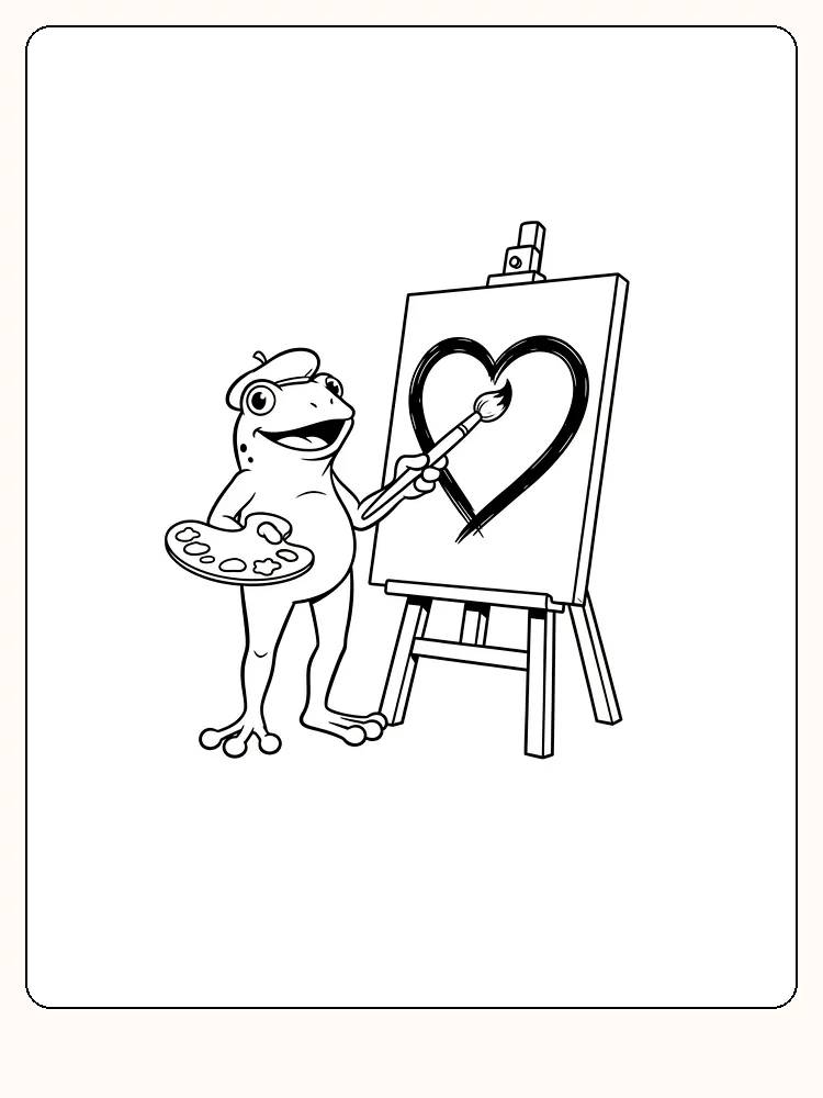 Tegning til farvelægning af en frø, der maler et hjerte på et staffeli, klar til print