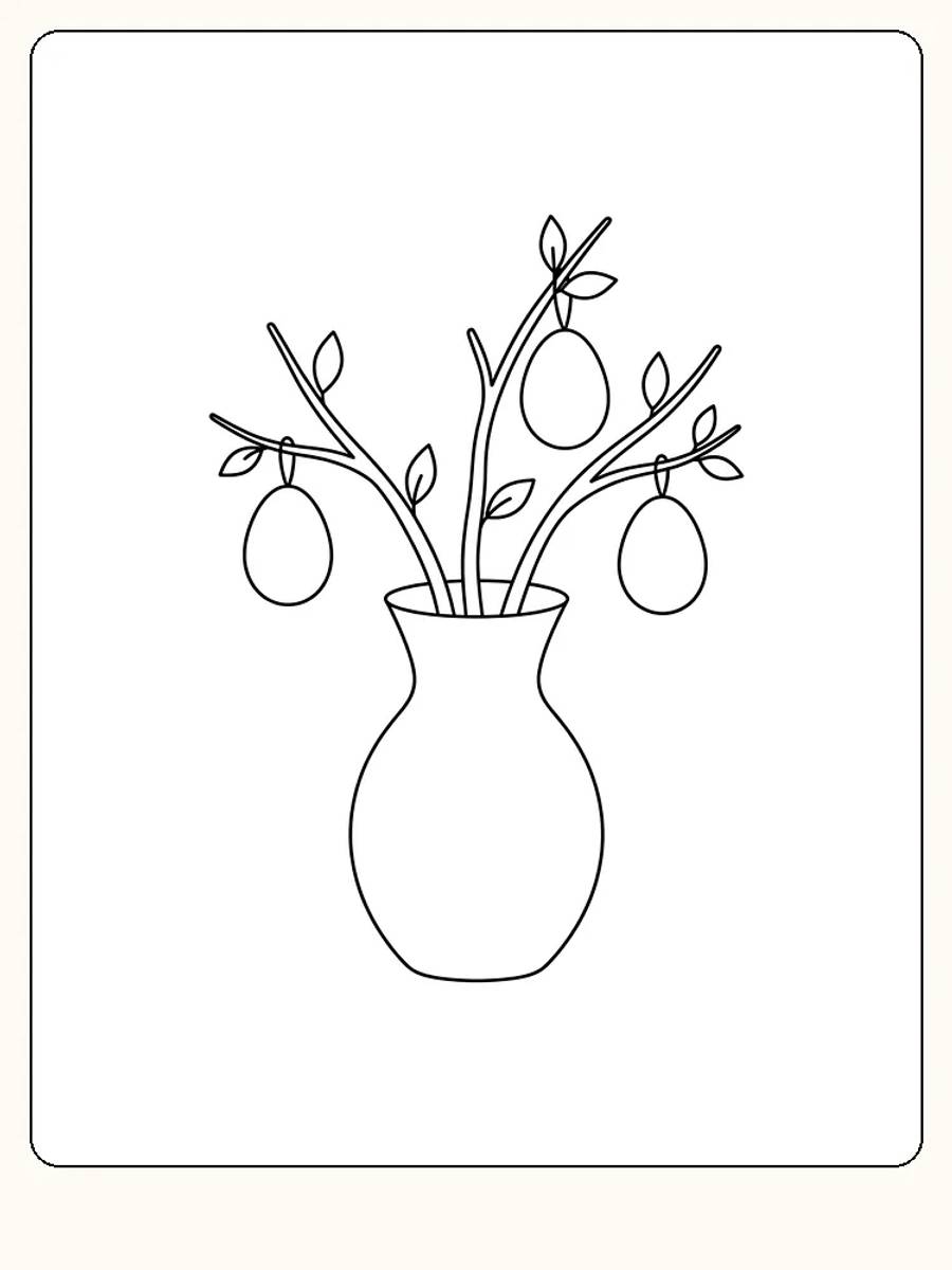 Vase rond avec trois branches, chacune portant un œuf de Pâques lisse suspendu dans une boucle, et de petites feuilles le long des branches