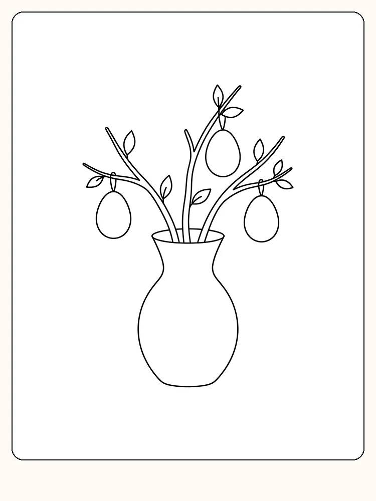 Rund vas med tre kvistar, där ett slätt påskägg hänger i en ögla från varje gren, och små blad längs kvistarna