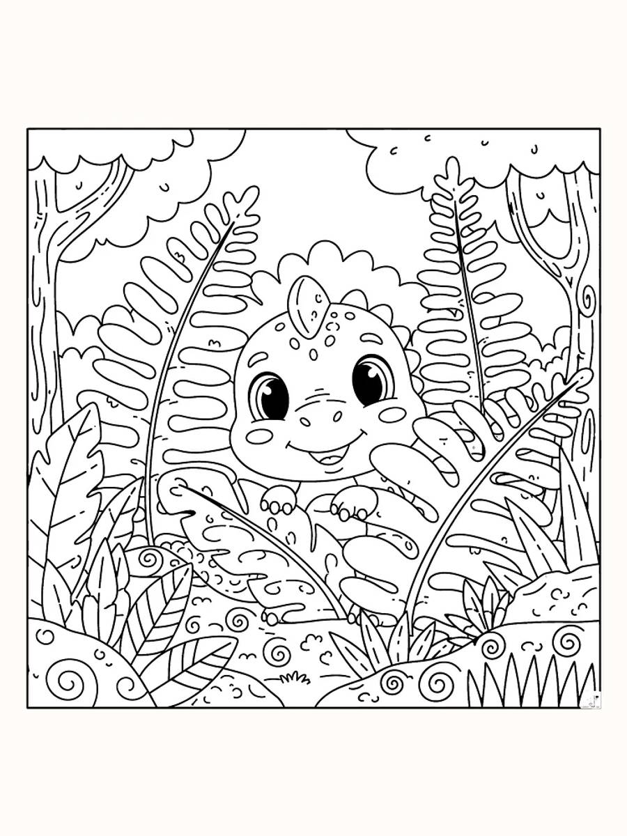 Tegning til farvelægning af en glad babydinosaur omgivet af planter fra junglen, klar til print