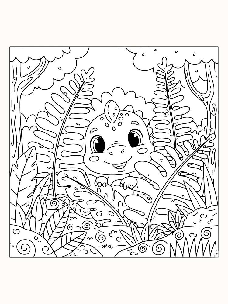 Tegning til farvelægning af en glad babydinosaur omgivet af planter fra junglen, klar til print