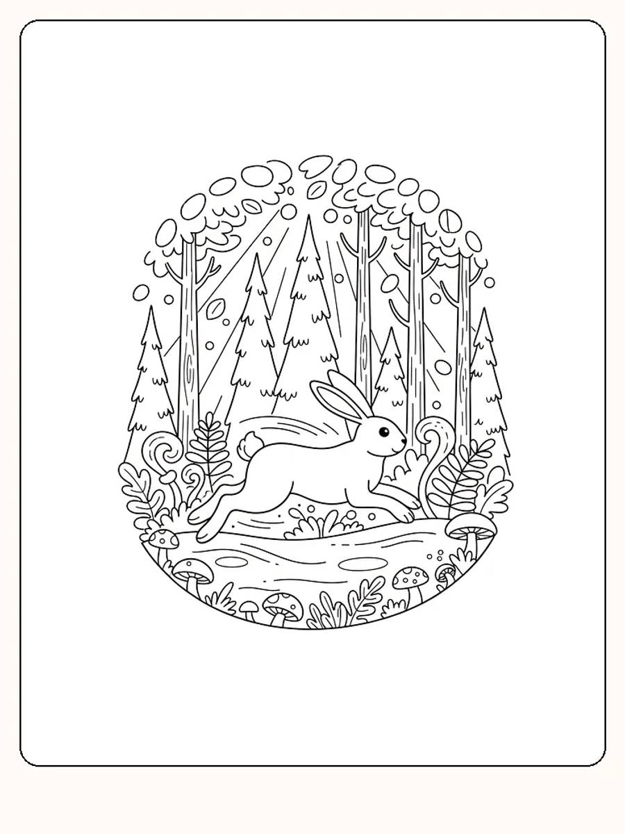 Fargeleggingstegning av en hare som løper gjennom en tett skog, klar for nedlasting og fargelegging