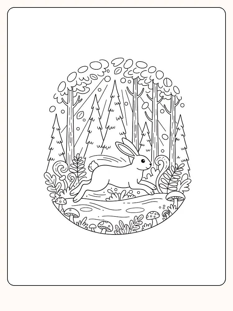Fargeleggingstegning av en hare som løper gjennom en tett skog, klar for nedlasting og fargelegging