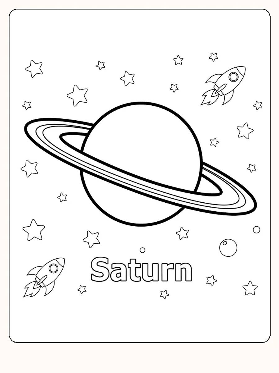 Tegning af planeten Saturn med ringe, stjerner og raketter til farvelægning, klar til print