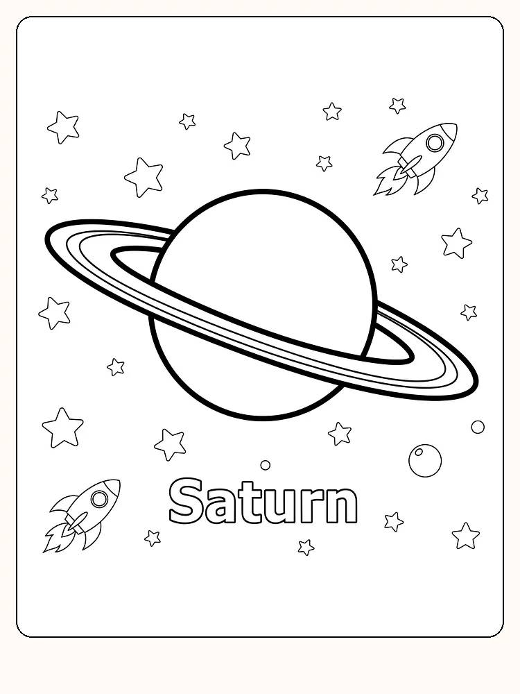 Tegning af planeten Saturn med ringe, stjerner og raketter til farvelægning, klar til print