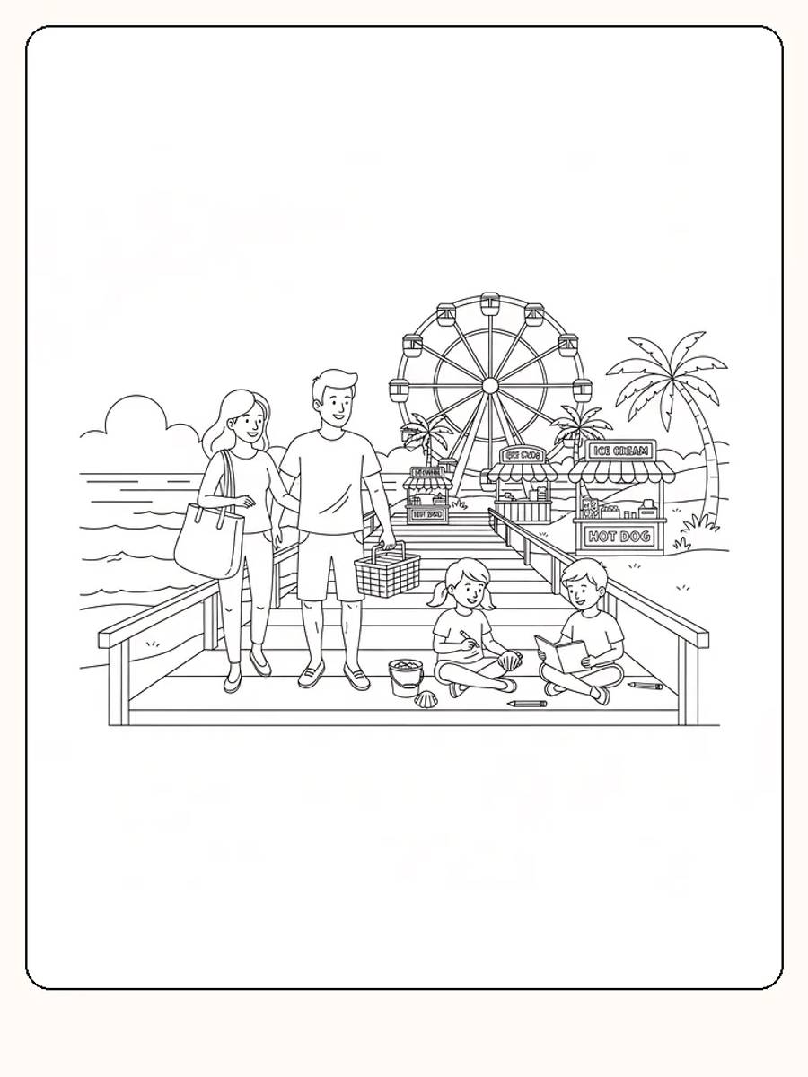 Tegning til farvelægning af en familie på en mole ved et pariserhjul, med picnic og børn, der tegner
