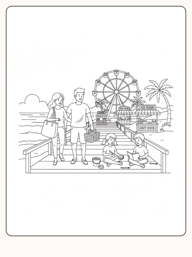 Tegning til farvelægning af en familie på en mole ved et pariserhjul, med picnic og børn, der tegner