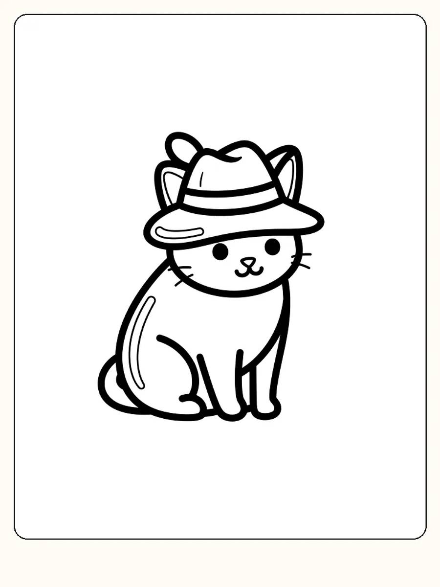 Fargeleggingsbilde av en sittende katt med en hatt, klar for nedlasting og fargelegging