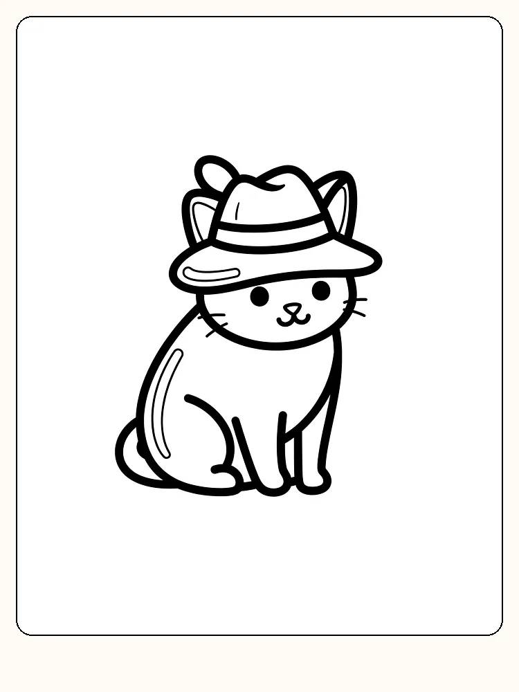 Fargeleggingsbilde av en sittende katt med en hatt, klar for nedlasting og fargelegging