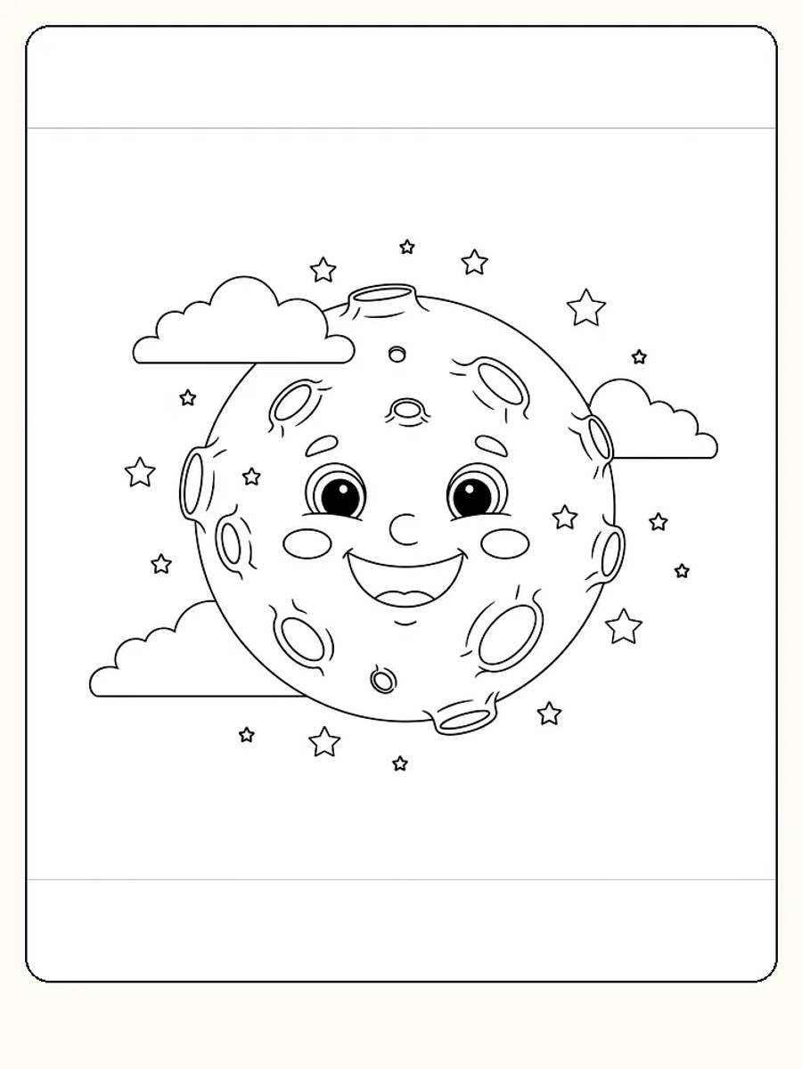 Tegning til farvelægning af en smilende måne blandt stjerner og skyer, klar til print