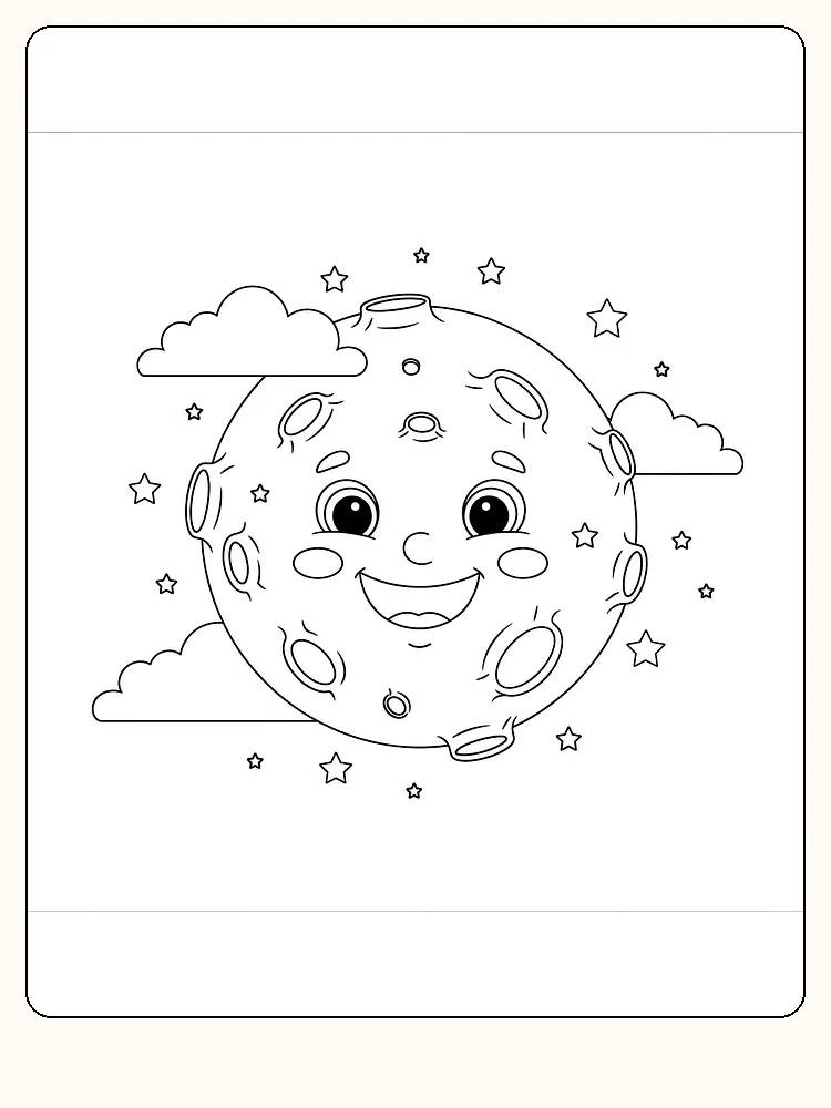 Tegning til farvelægning af en smilende måne blandt stjerner og skyer, klar til print