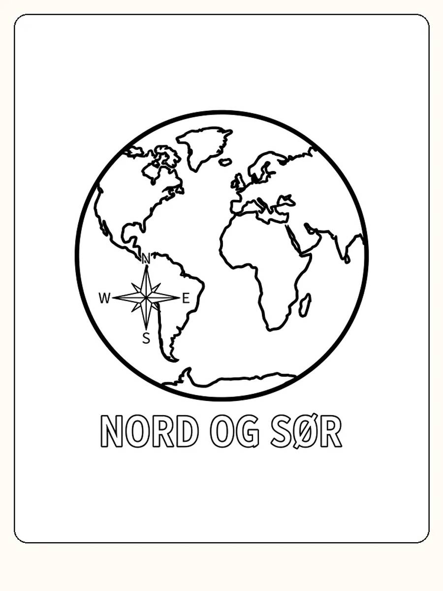 Tegning til farvelægning af jordkloden med en kompasrose, klar til print