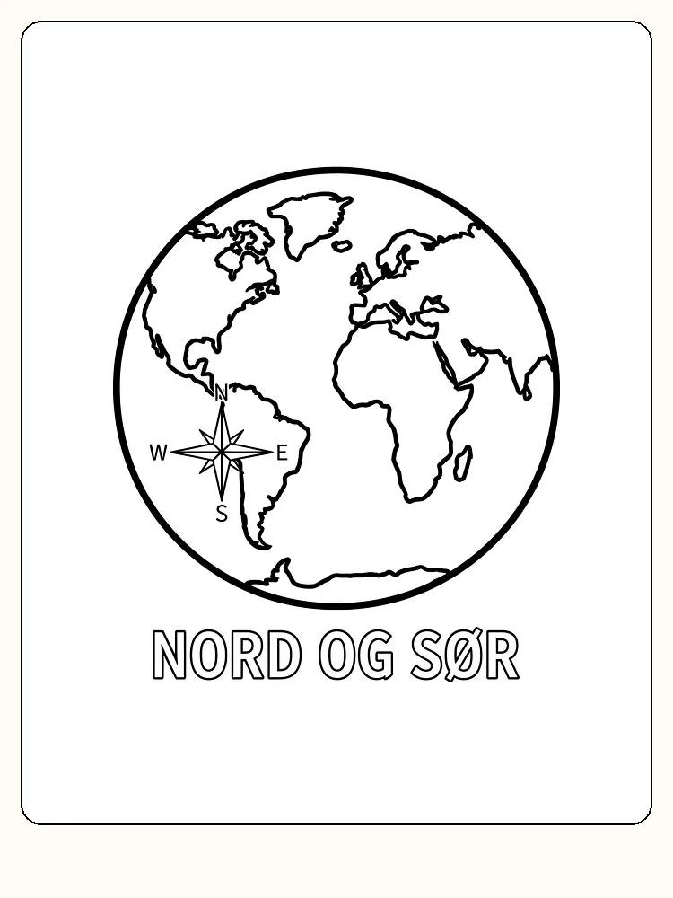 Tegning til farvelægning af jordkloden med en kompasrose, klar til print