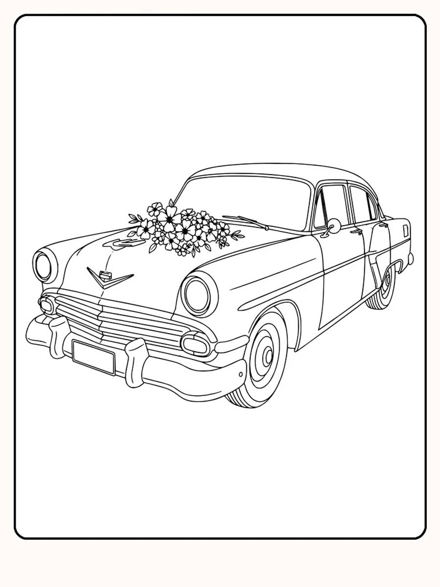 Tegning til farvelægning af en vintagebil dekoreret med blomster, klar til print
