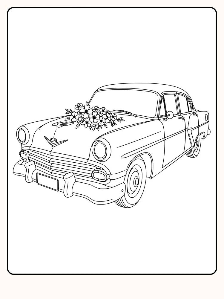 Tegning til farvelægning af en vintagebil dekoreret med blomster, klar til print