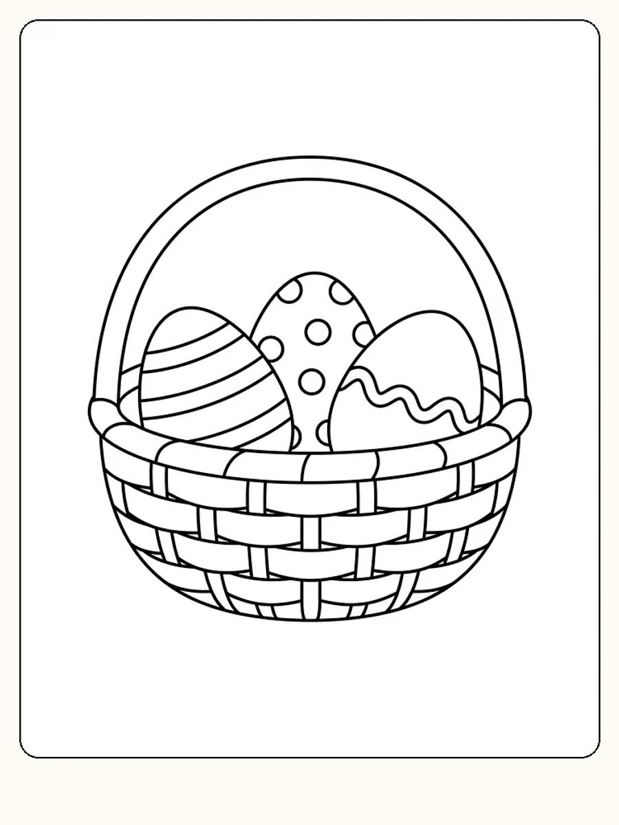 Panier de Pâques rond et tressé avec une grande anse et trois grands œufs à rayures, à pois et à ligne ondulée sur fond blanc