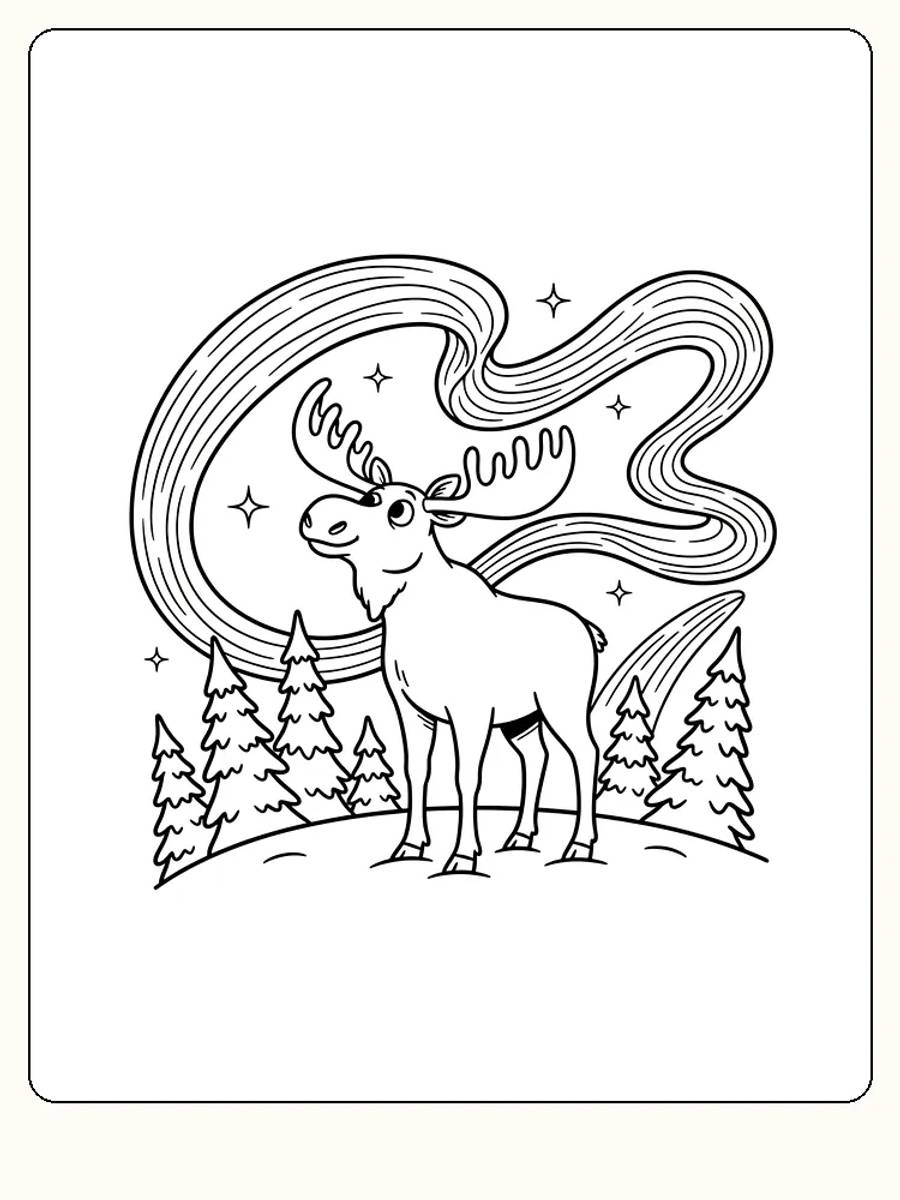 Tegning til farvelægning af elg under nordlys og stjerner, omgivet af fyrretræer, klar til print
