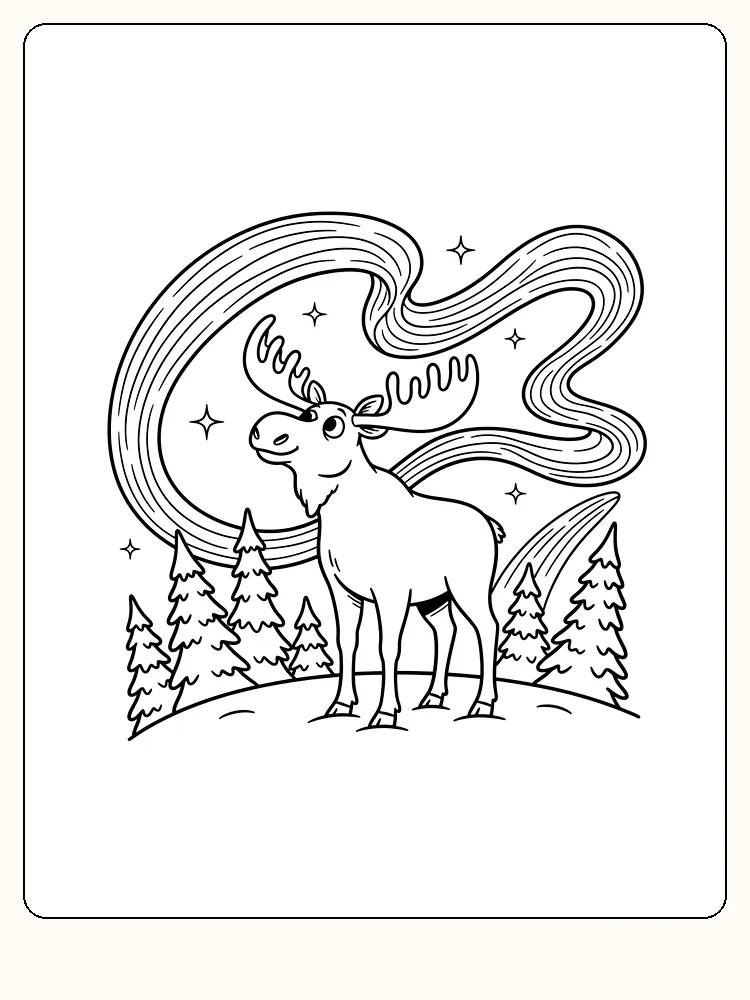 Tegning til farvelægning af elg under nordlys og stjerner, omgivet af fyrretræer, klar til print
